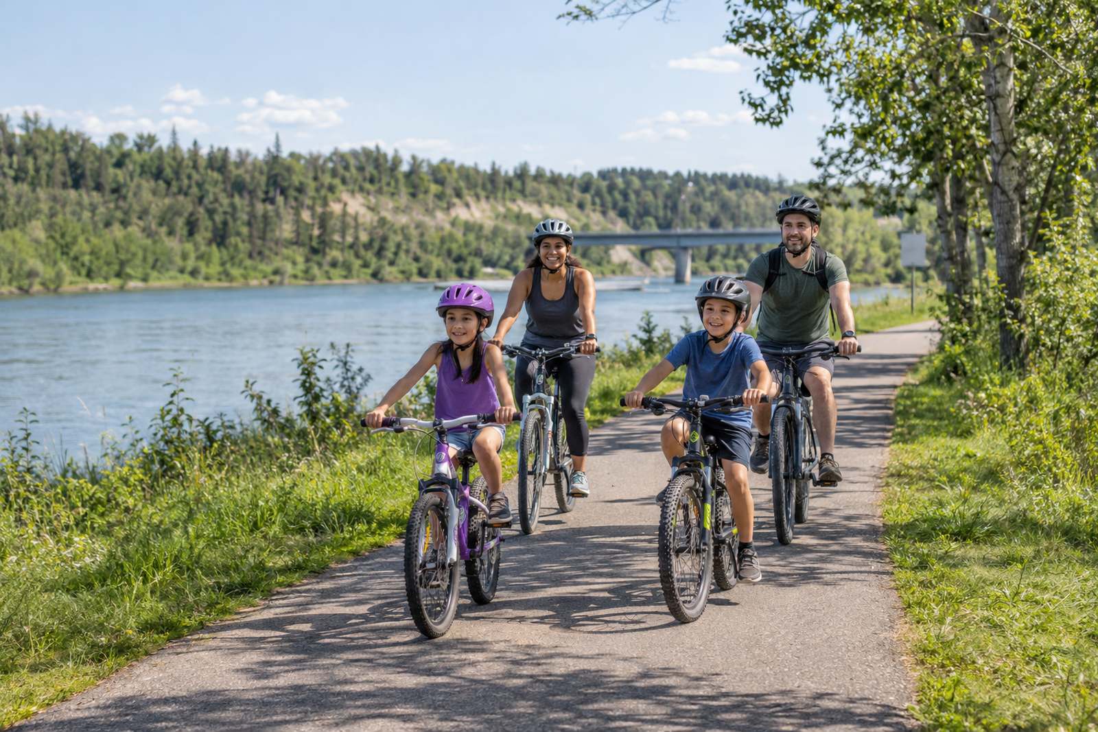 Family cycling a riverside trail in Red Deer