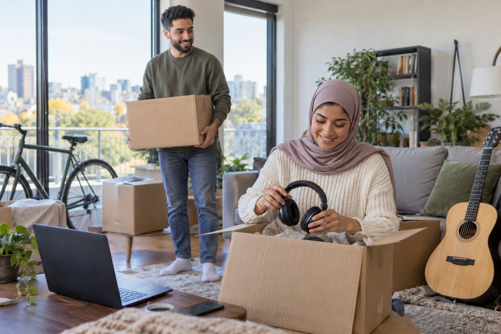 Young renter unpacking belongings in a new condo apartment