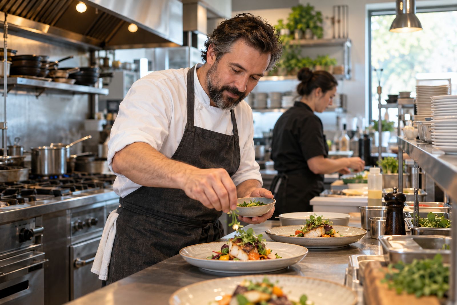 Chef plating dishes in a busy restaurant kitchen