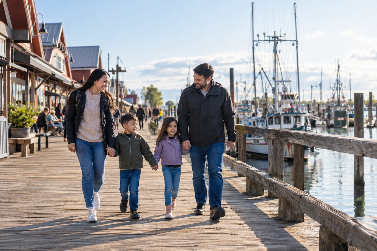 Family on the Steveston waterfront in Richmond, BC