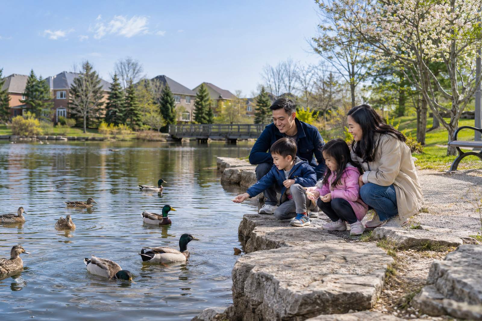 Family at a park pond in Richmond Hill