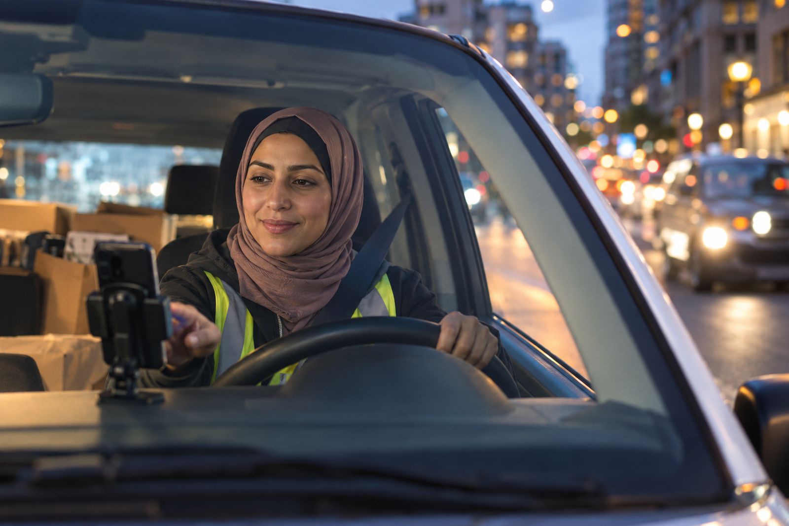 Delivery driver checking a delivery app in her car