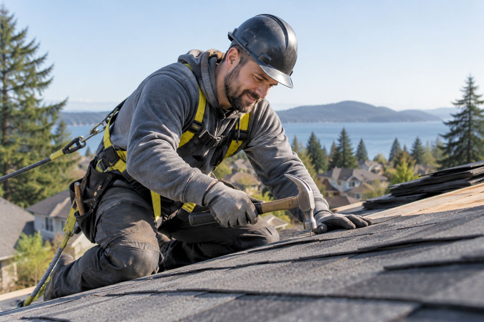 Roofer in a safety harness installing shingles