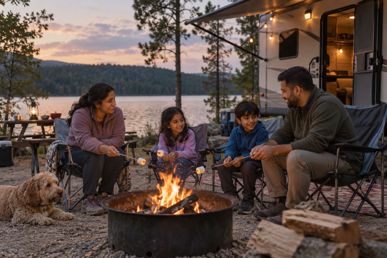 Family relaxing outside their travel trailer at a campground