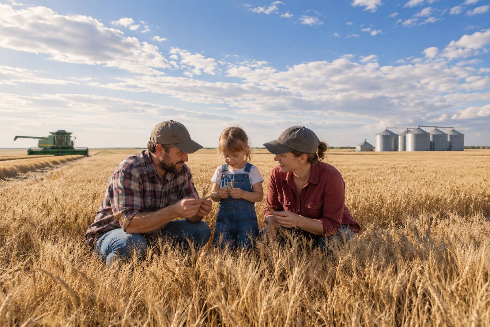 Farm family at the edge of a wheat field in Saskatchewan