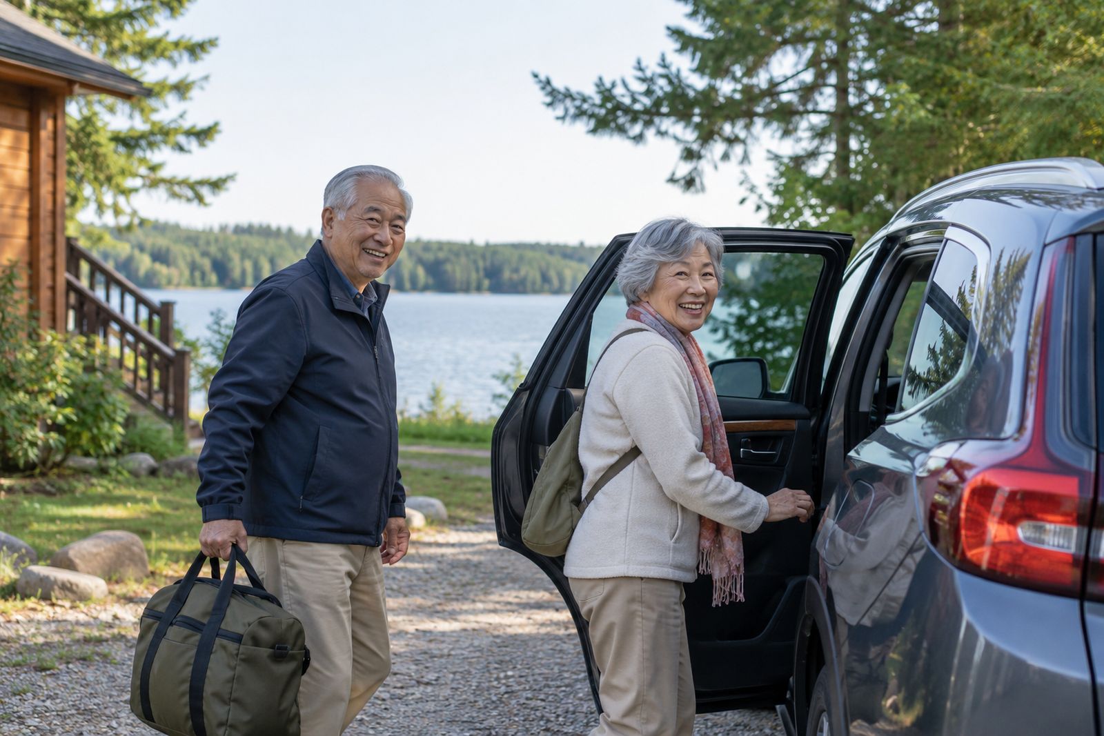 Senior couple getting into their car for a drive