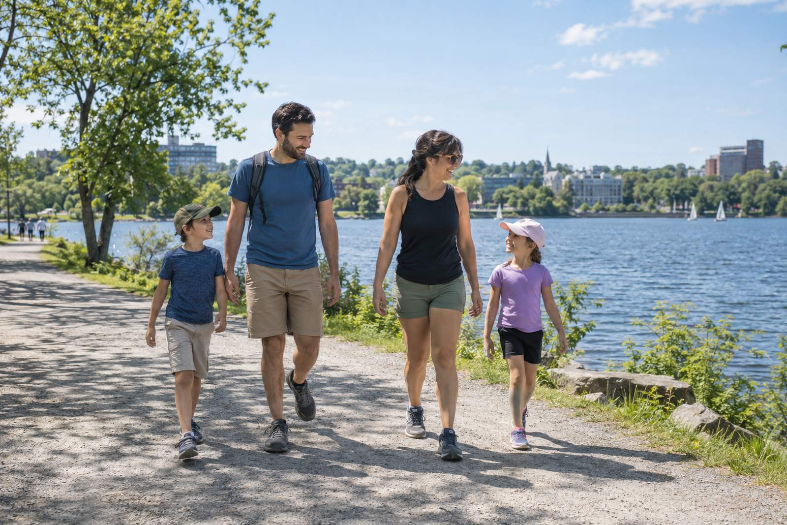 Family walking by Lac des Nations in Sherbrooke