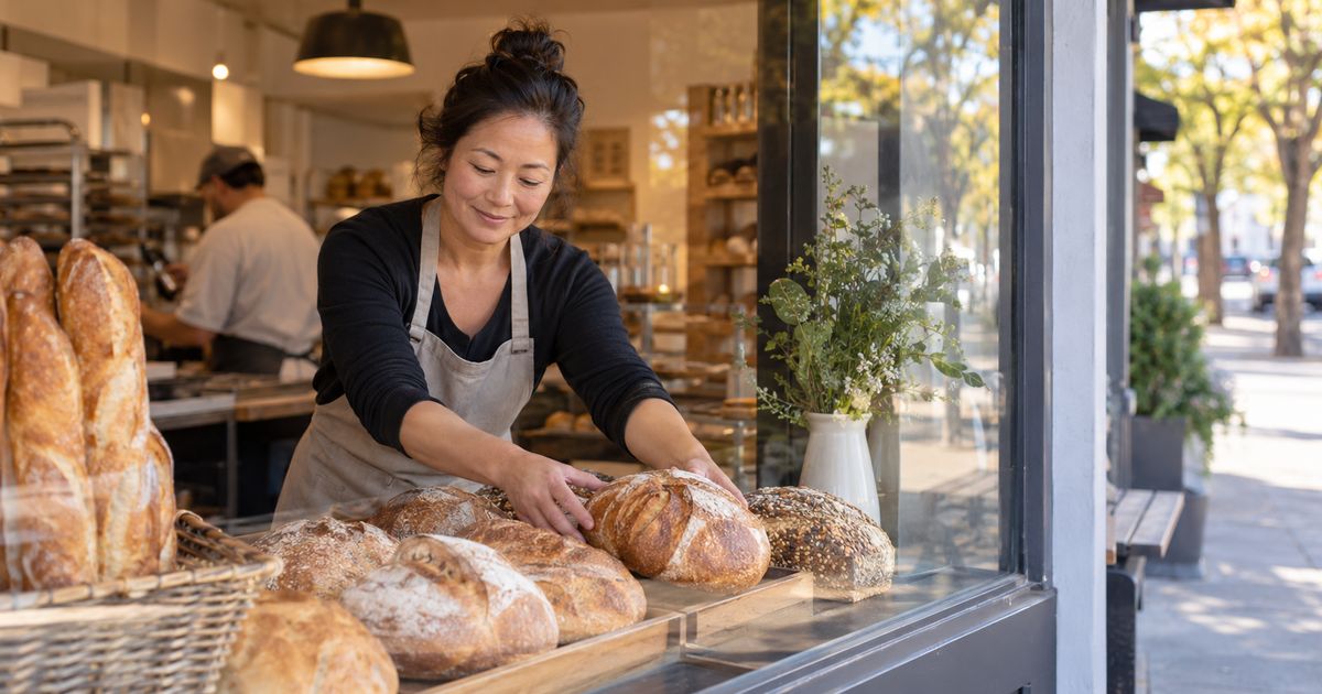 Bakery owner arranging bread in her shop window