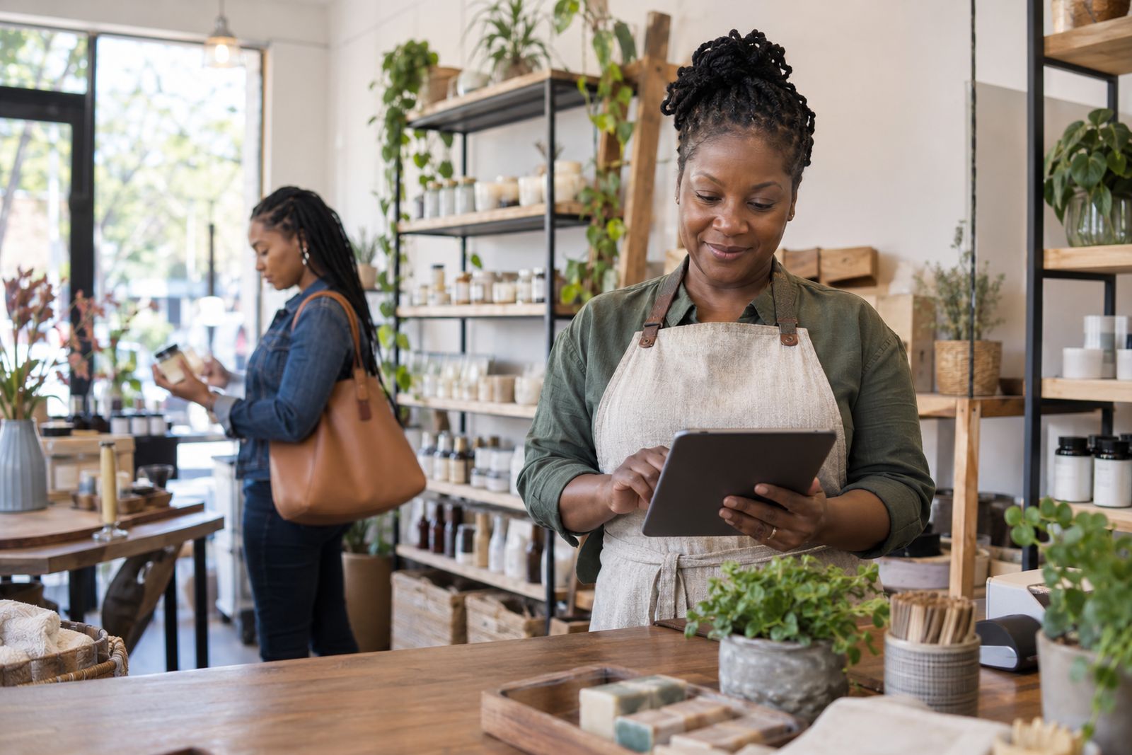Small business owner reviewing her business coverage on a tablet in her shop