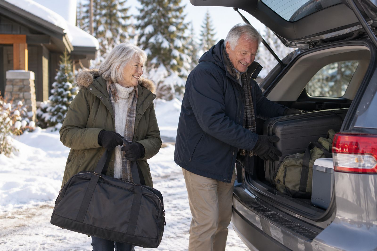 Retired couple packing the car for a winter trip south