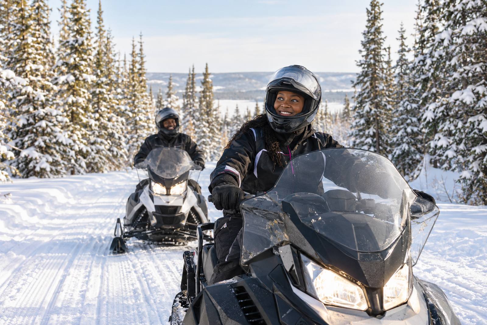 Snowmobilers on a winter trail