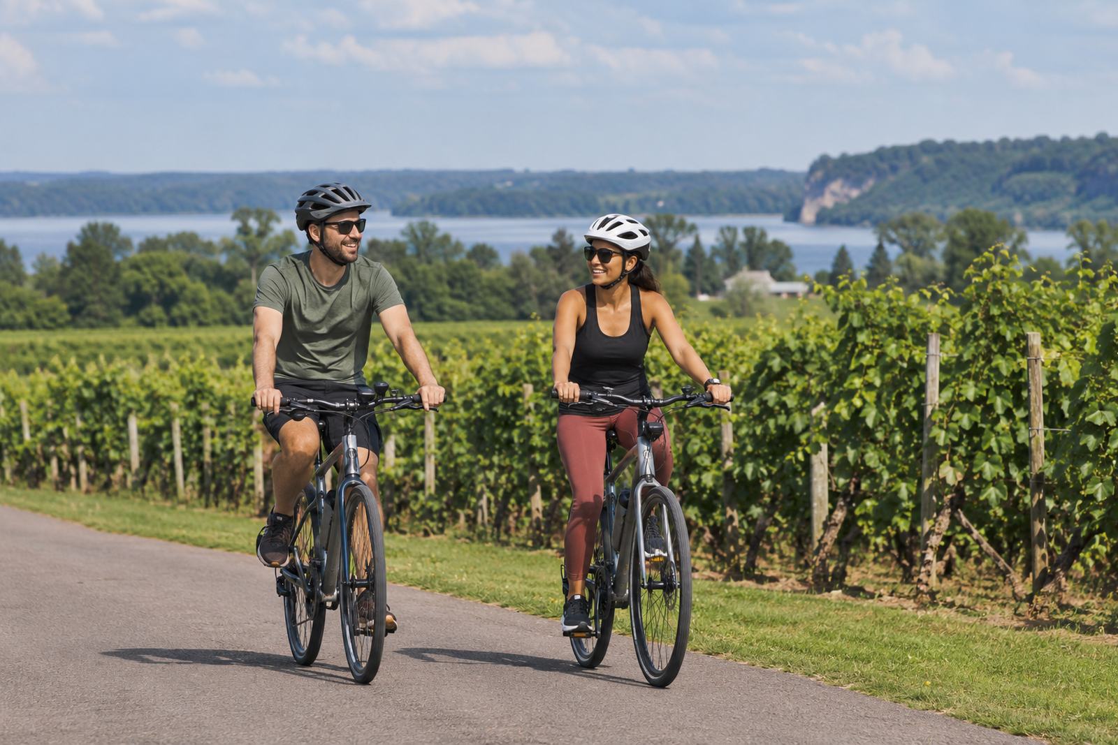 Couple cycling past vineyards near St. Catharines