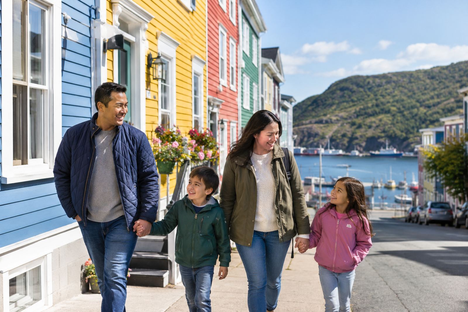 Family walking past colourful row houses in St. John's