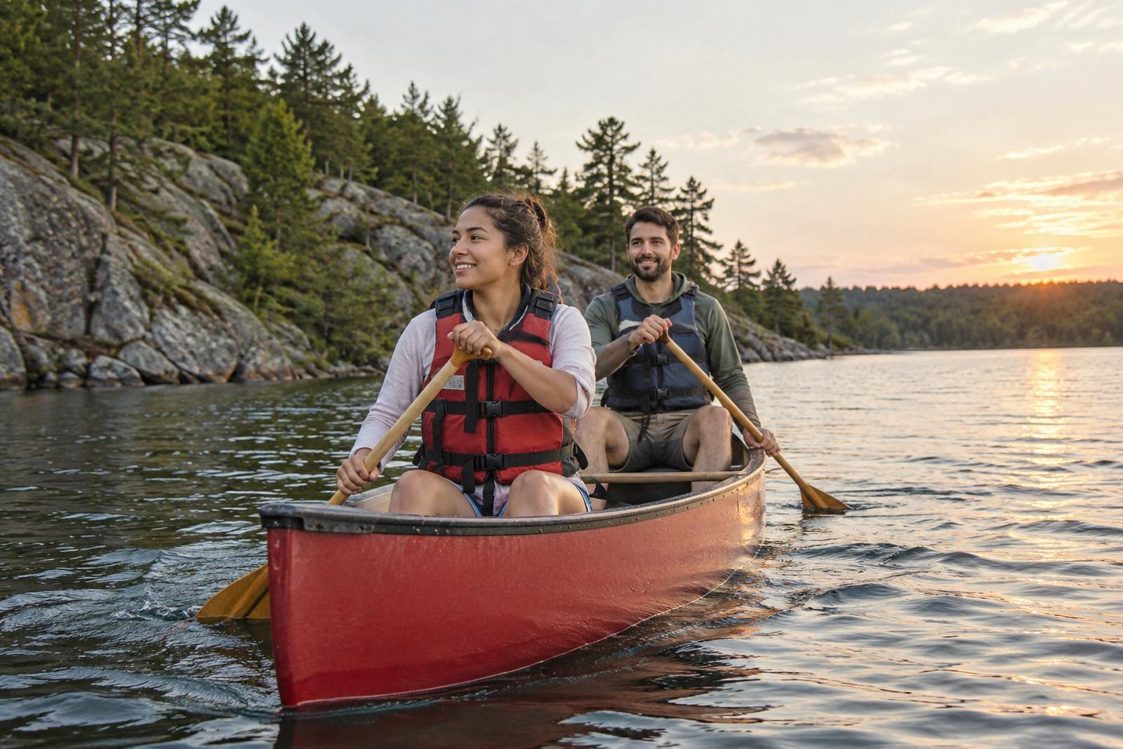 Couple canoeing on a lake near Sudbury