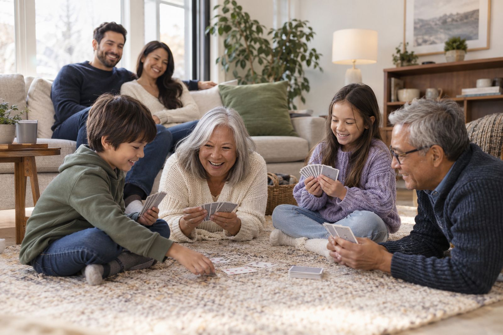 Grandparents playing with their grandchildren at home