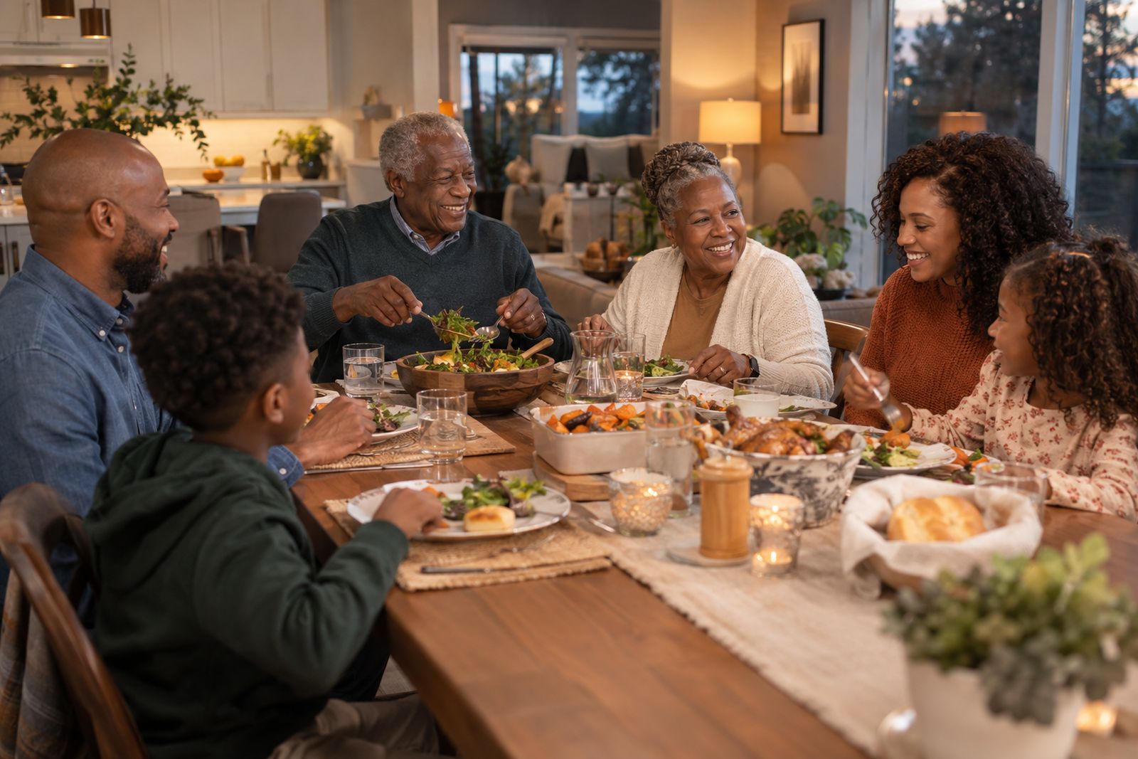 Multigenerational family sharing dinner at home