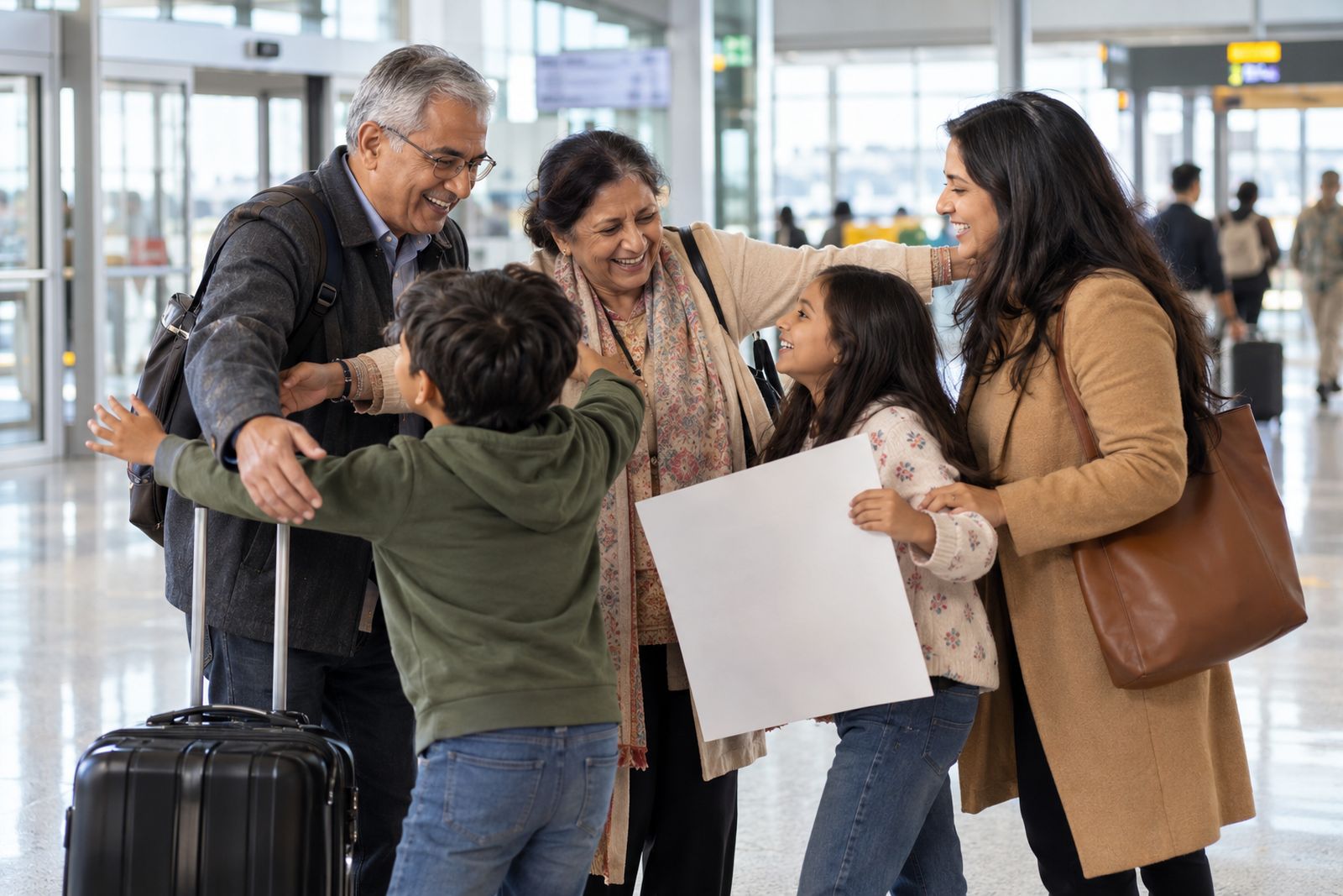 Family welcoming visiting grandparents at the airport
