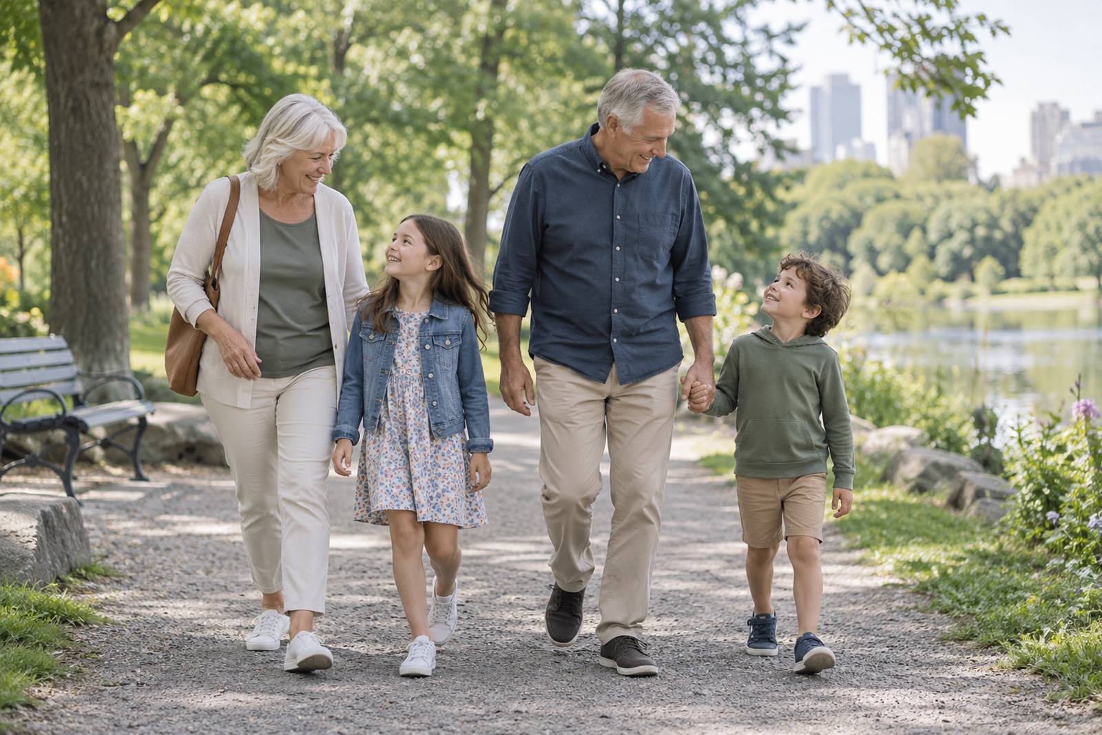 Grandparents walking with their grandchildren in a park