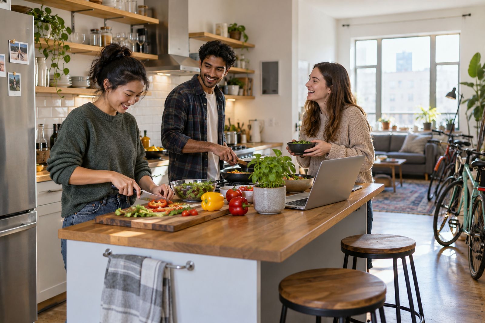 Roommates cooking together in their shared apartment