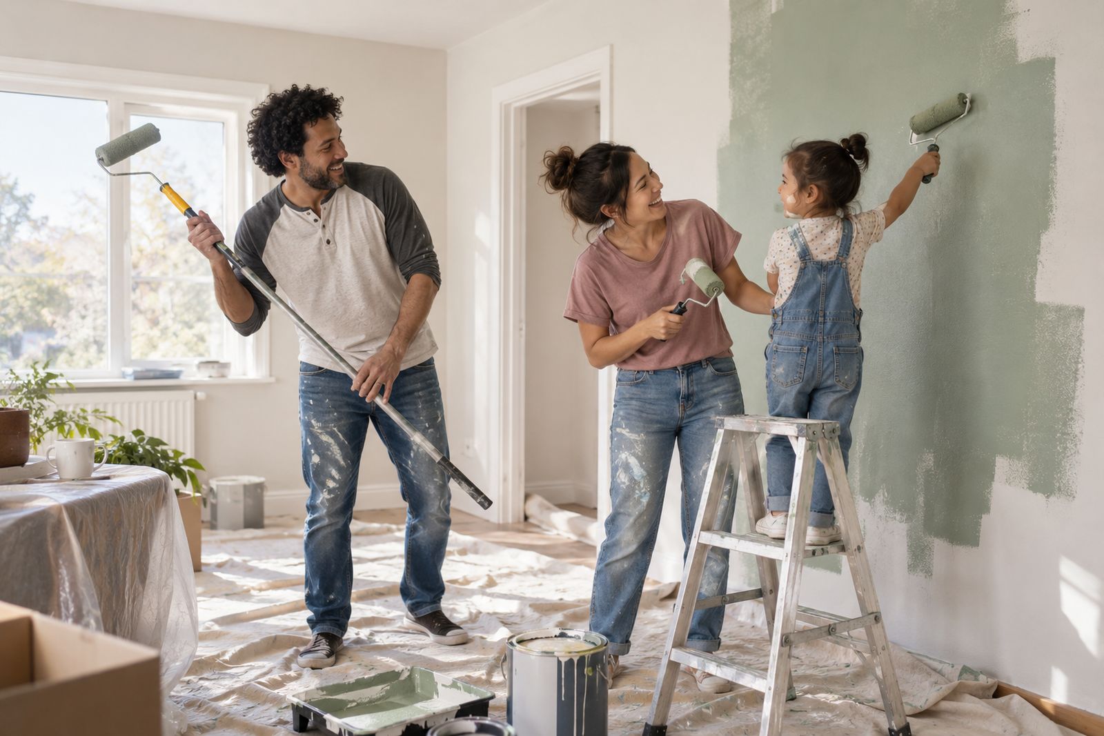 Family painting a room in their new home