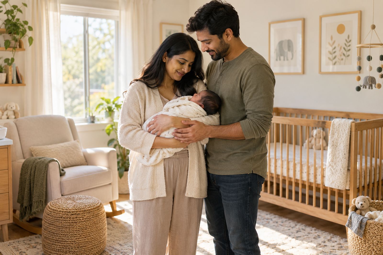 New parents holding their newborn in the nursery