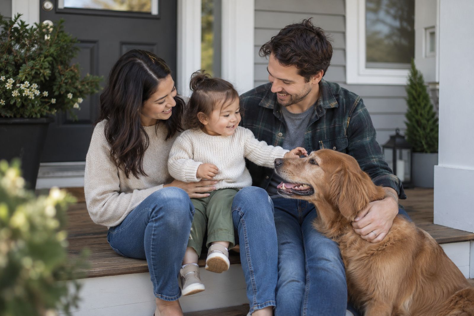 Young family sitting on the porch of their home