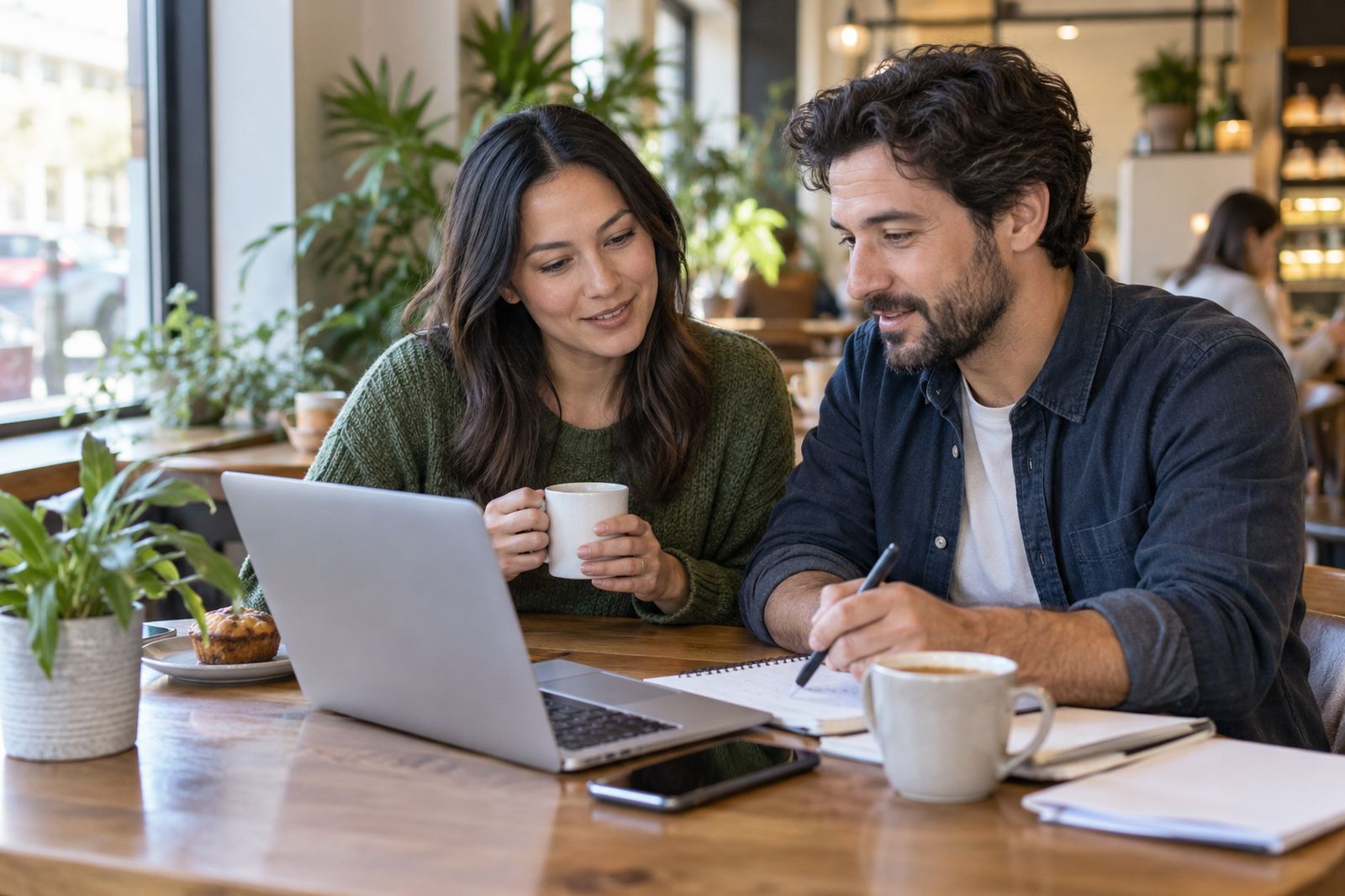 Couple comparing insurance options at a café