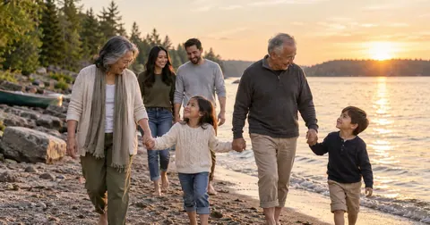 Three generations walking together on a beach