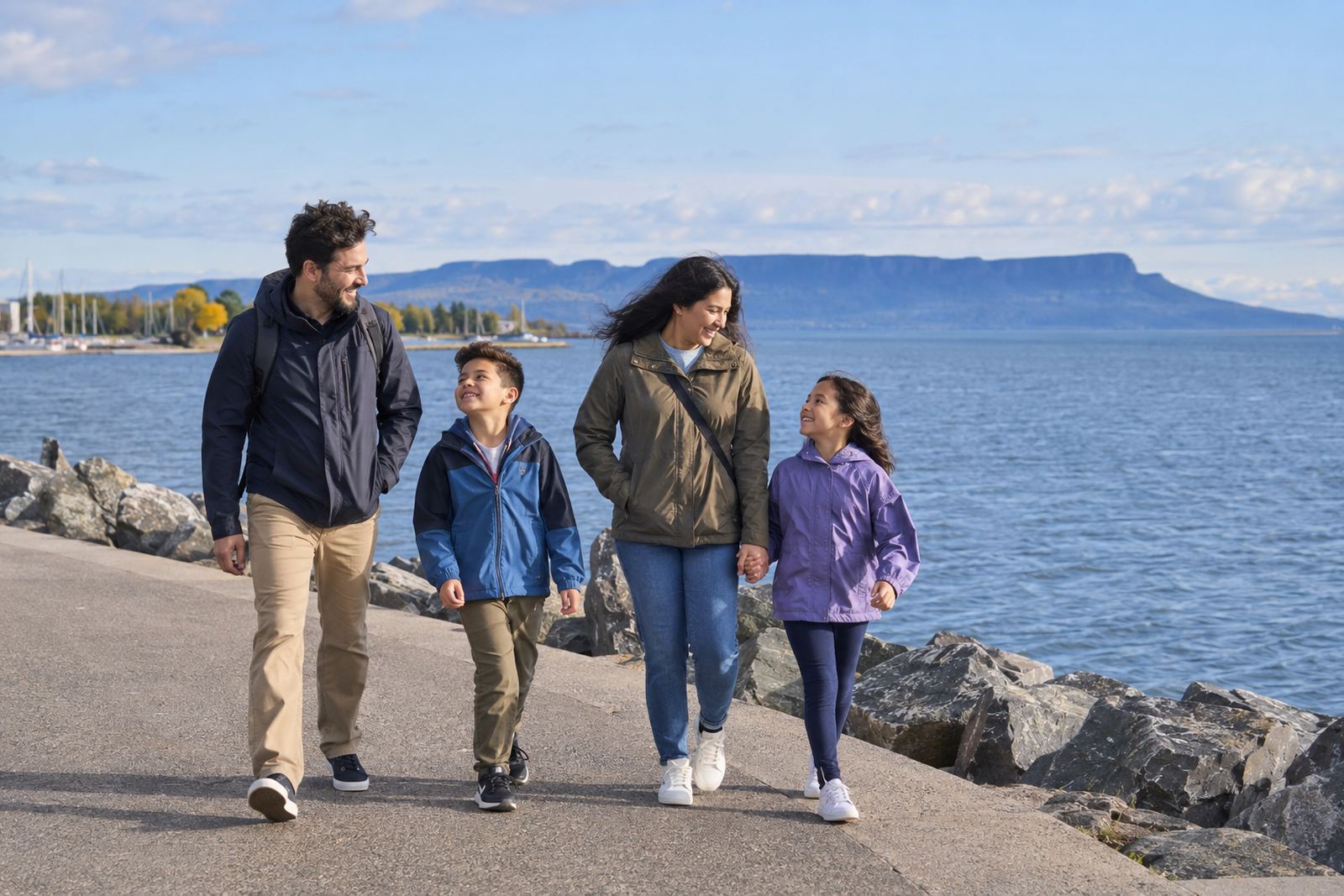Family on the waterfront in Thunder Bay with the Sleeping Giant behind