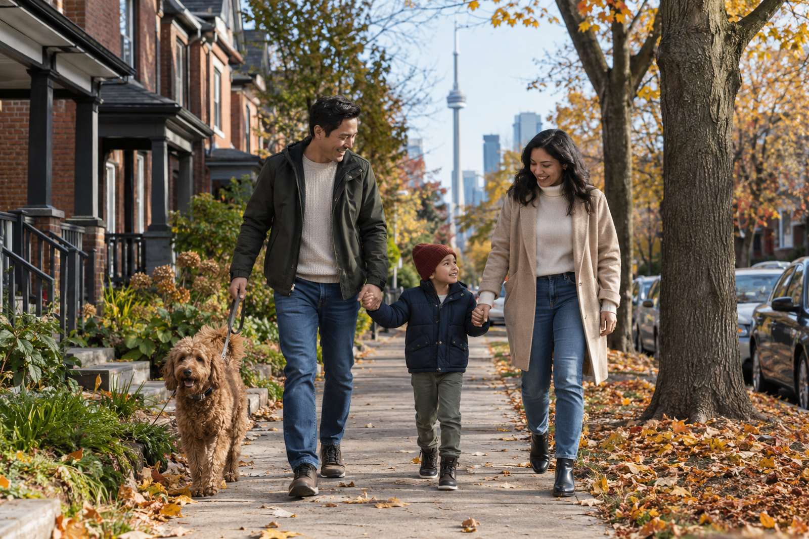 Family on a Toronto street with the CN Tower in the distance