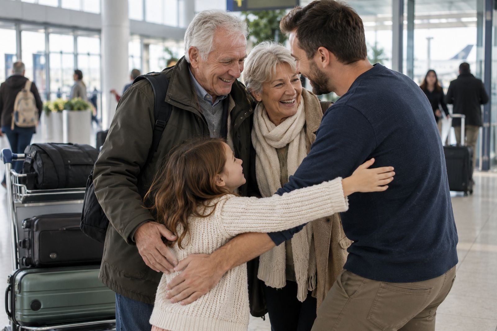 Family welcoming grandparents at the airport