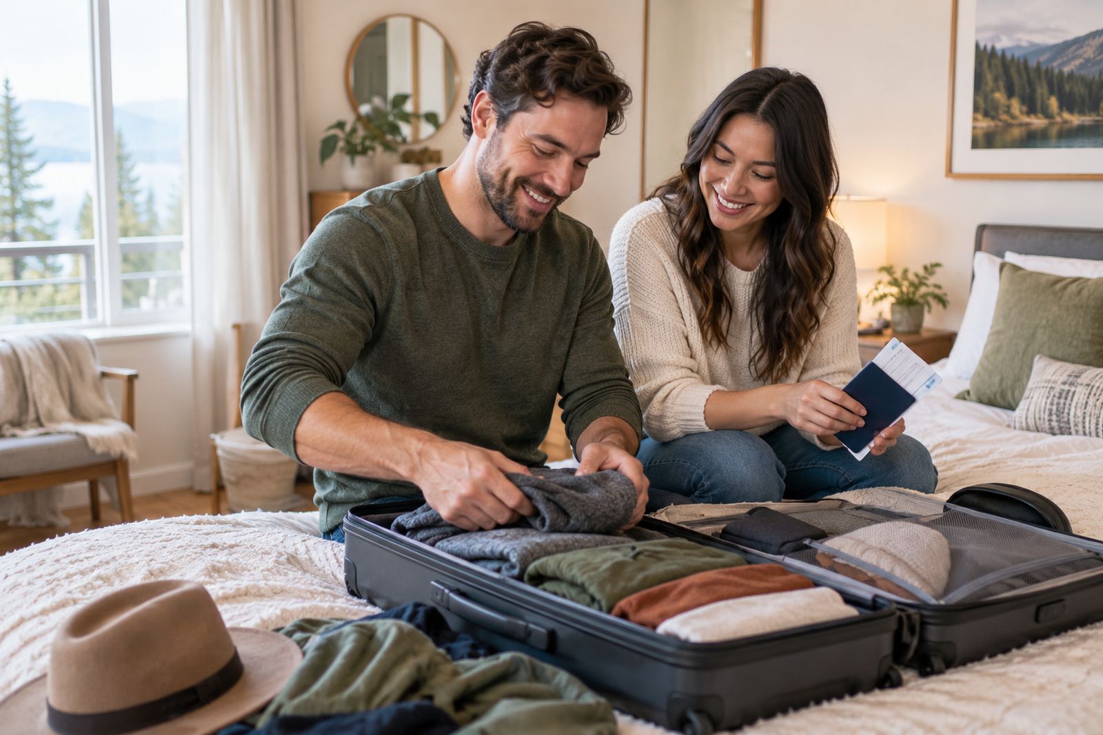 Couple packing a suitcase with their passports