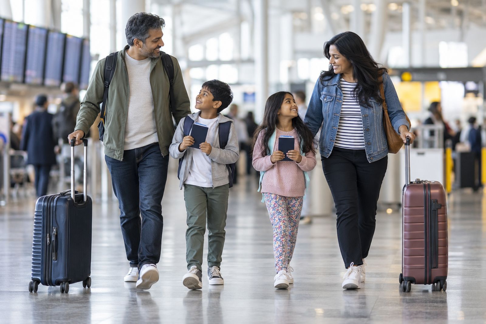 Family with suitcases walking through airport departures