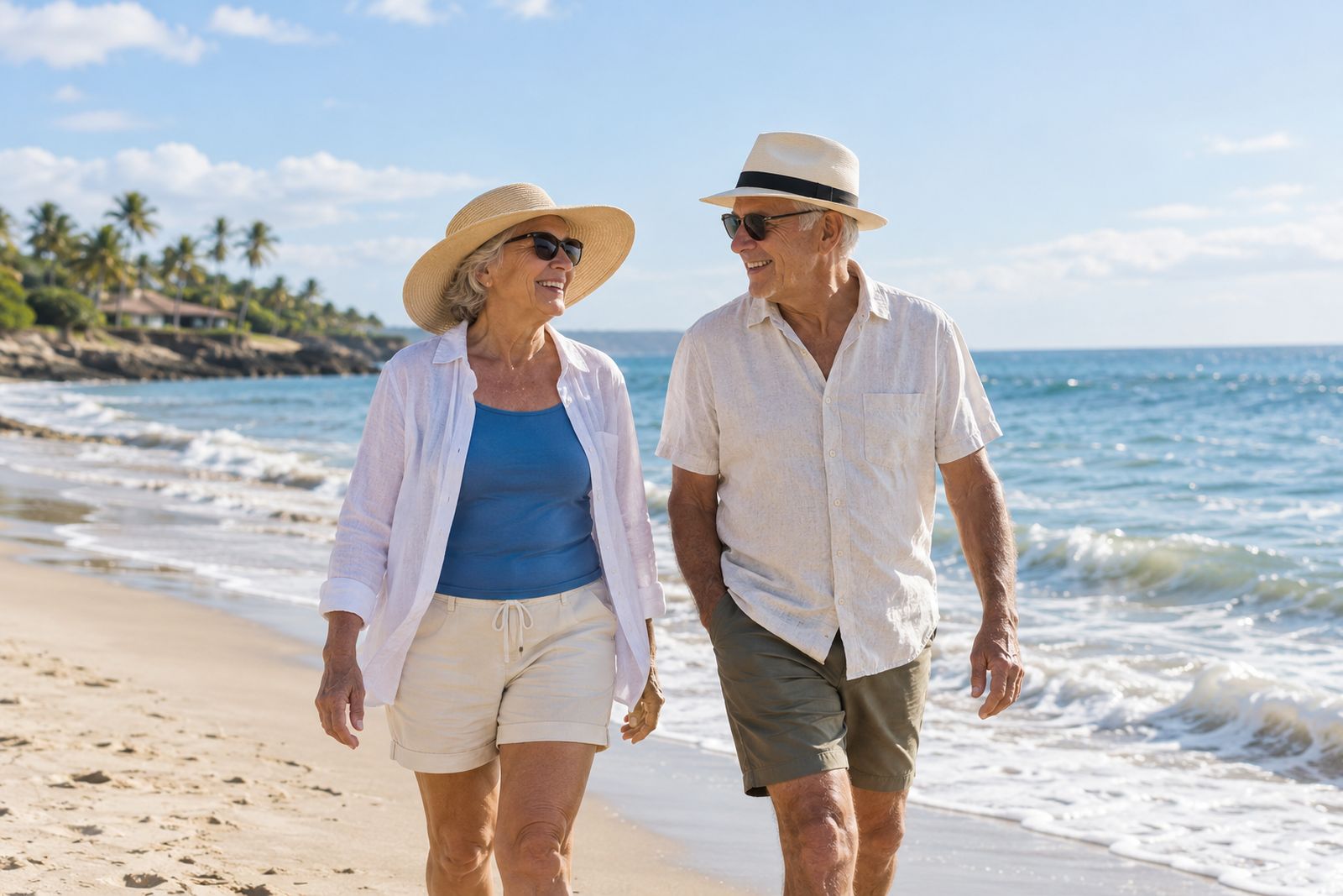 Retired couple walking on a sunny beach in winter
