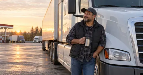 Owner-operator beside his truck at dawn