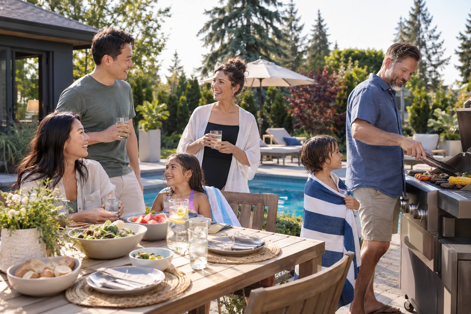 Family hosting neighbours at a backyard pool party