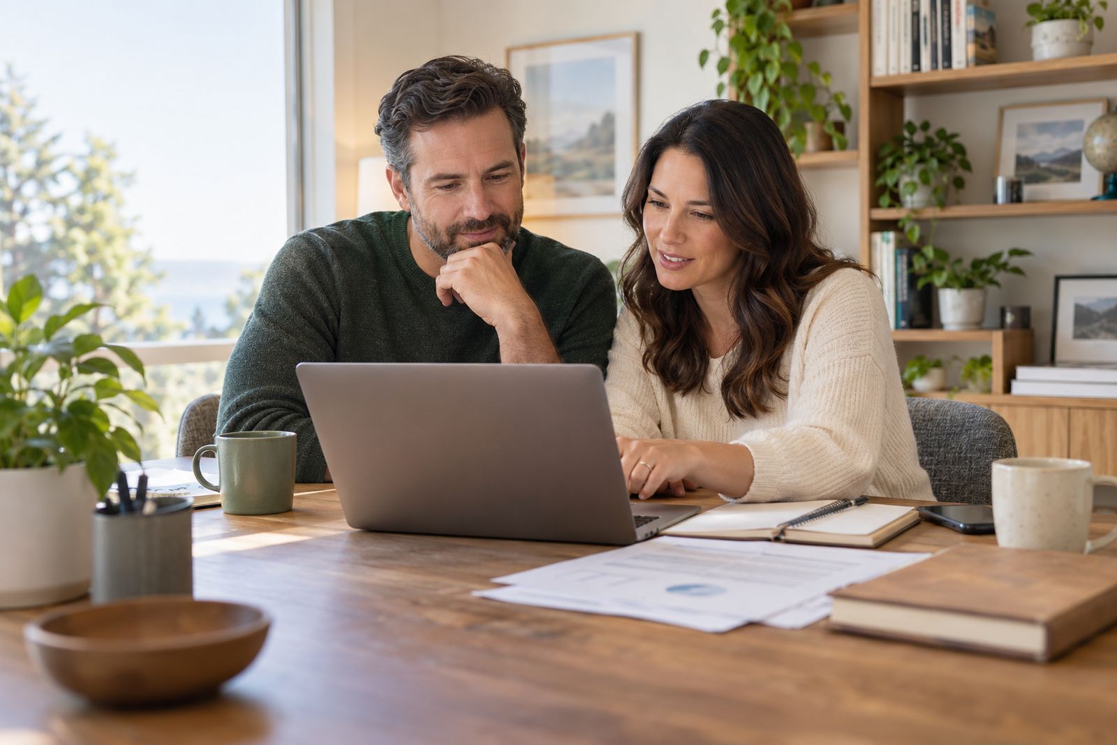 Couple reviewing long-term plans in their home office