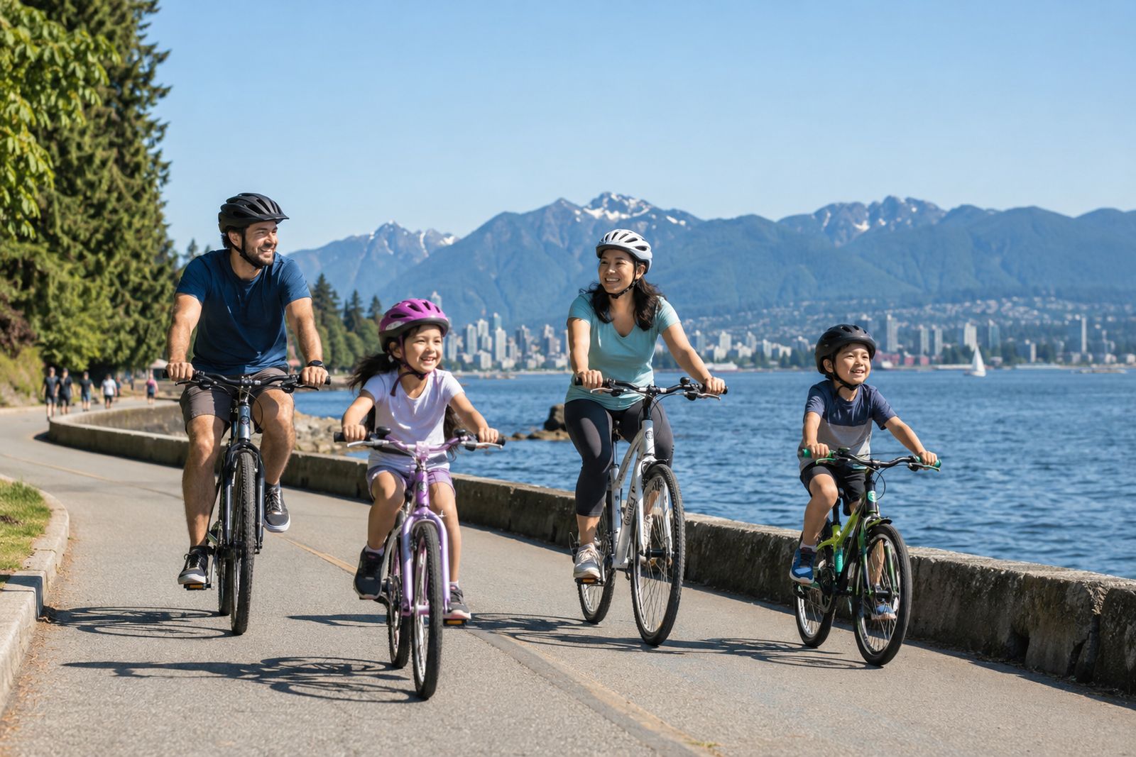 Family cycling the Vancouver seawall with mountains behind