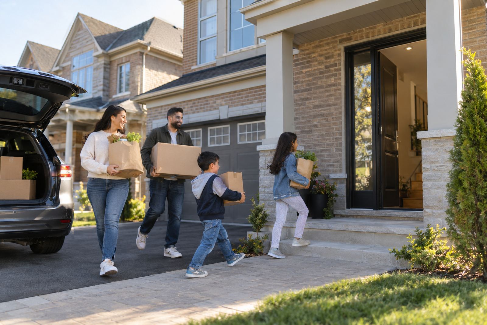 Family arriving home in a new Vaughan subdivision