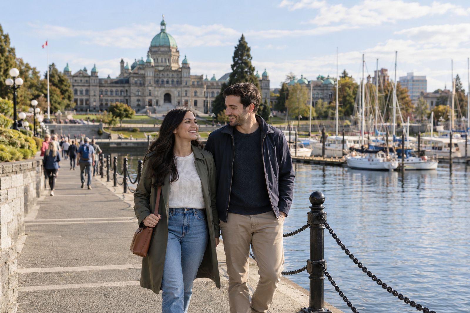 Couple walking along Victoria's Inner Harbour