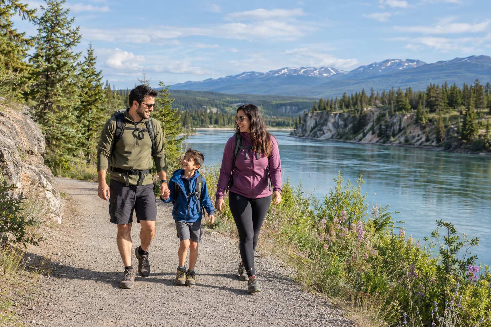 Family on the Yukon River trail in Whitehorse