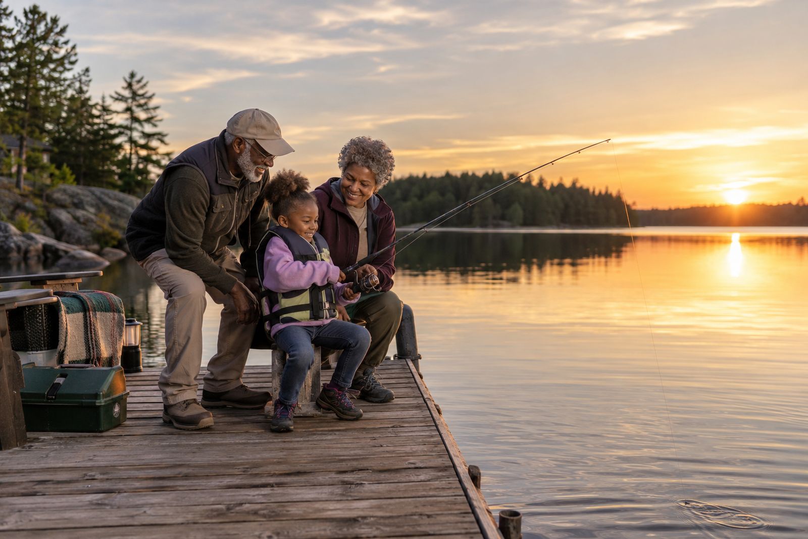 Grandparents teaching their grandchild to fish from a dock