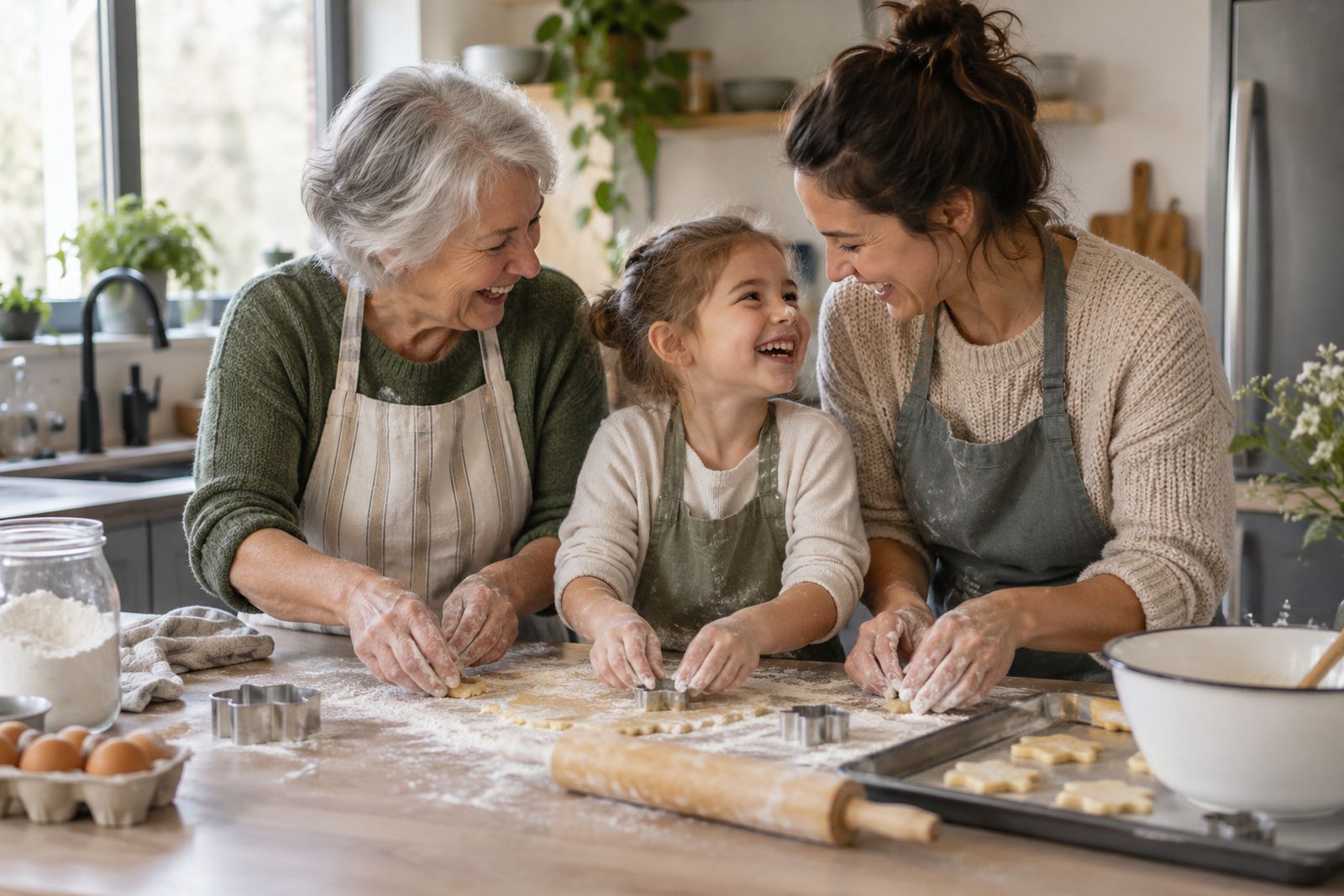 Three generations of a family baking together