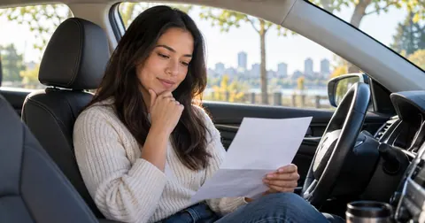 Driver reading her car insurance renewal letter
