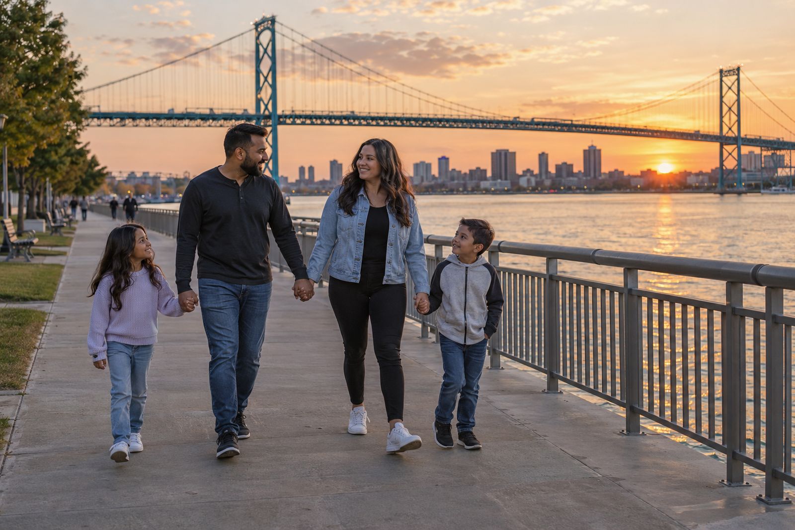 Family on the Windsor riverfront with the Ambassador Bridge