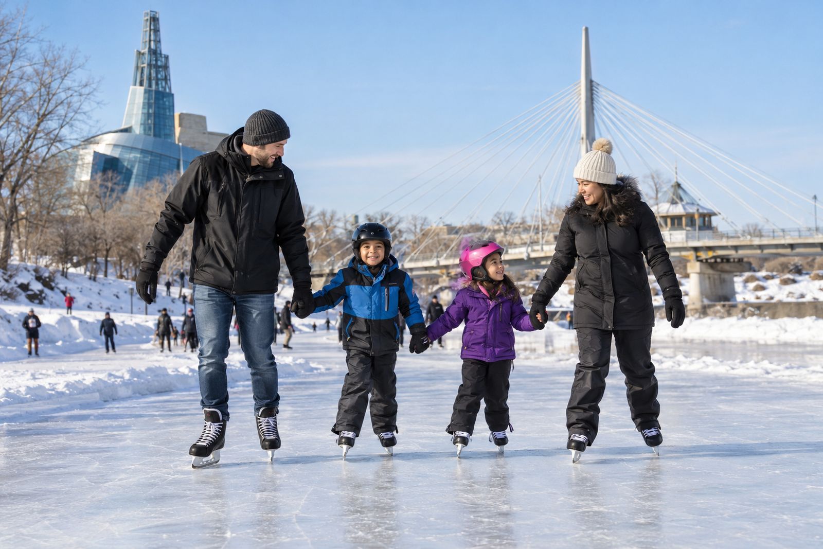 Family skating on the river trail at The Forks in Winnipeg