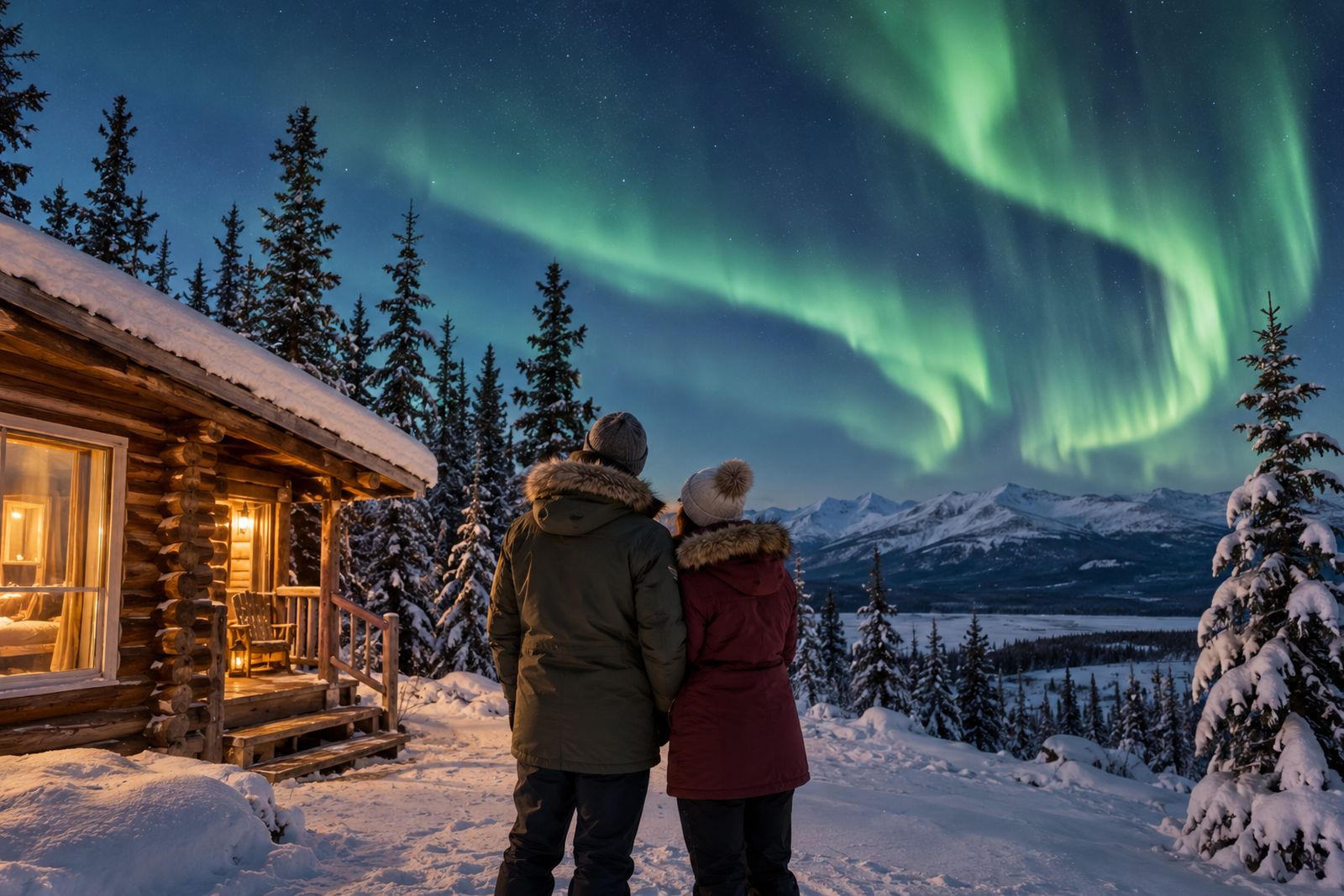 Couple watching the northern lights outside a cabin in the Yukon